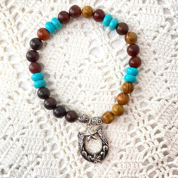 Horseshoe Charm Turquoise Wood Beaded Bracelet - Picture 2 of 3